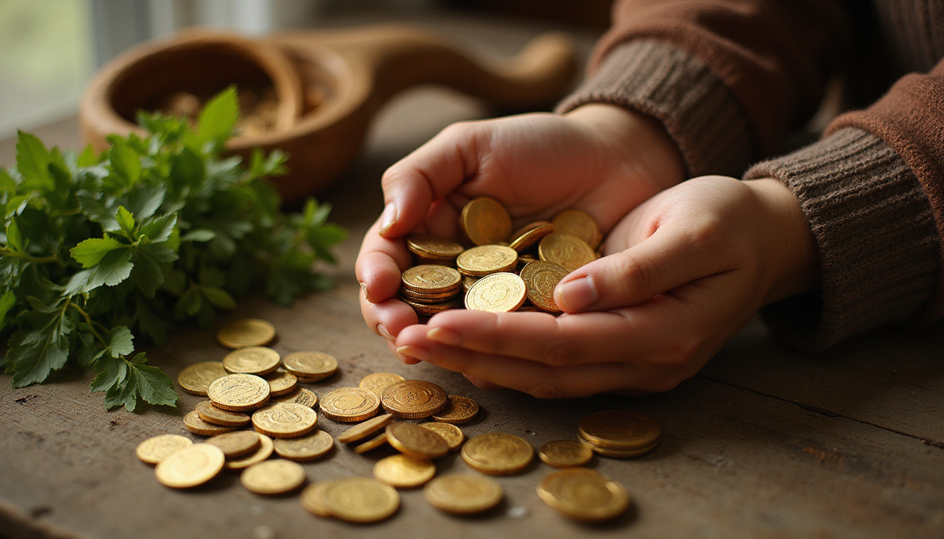 Hands scattering coins by hearth, cornucopia of green herbs, tarot, warm golden prosperity light