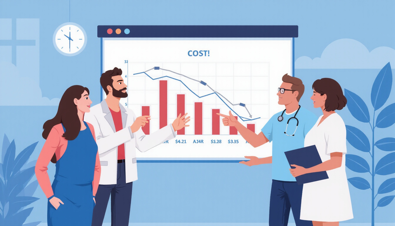  Hospital leaders pointing at declining cost graph on large screen, patients celebrating improved outcomes