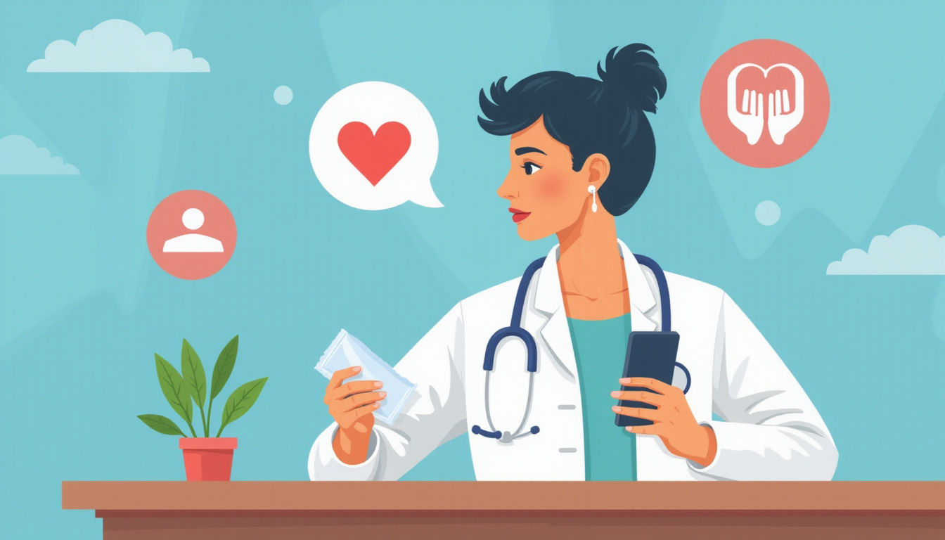 Calm medical scene: caregiver applying cold compress, smartphone emergency call, illustrated relief icons