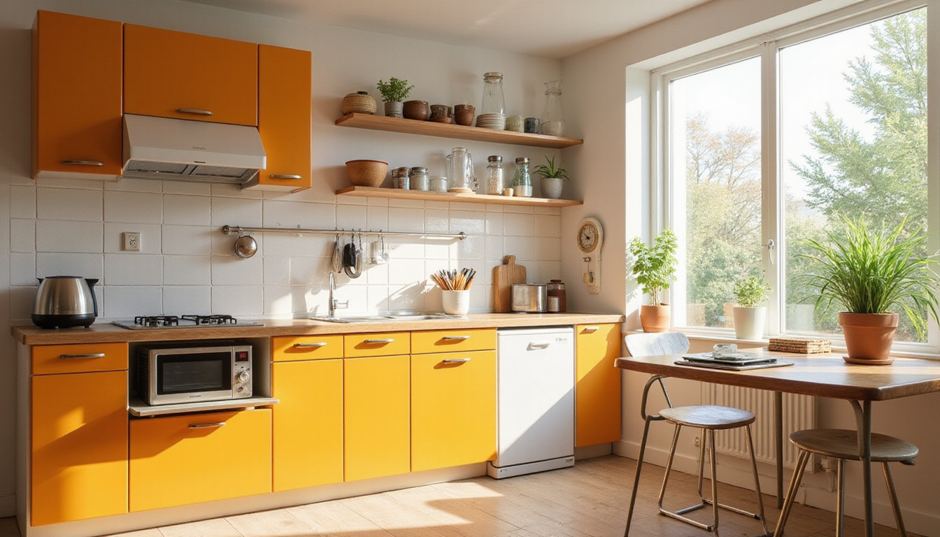  Sunlit small kitchen, appliance garage hides toaster and blender, pull-down racks, herbs on windowsill