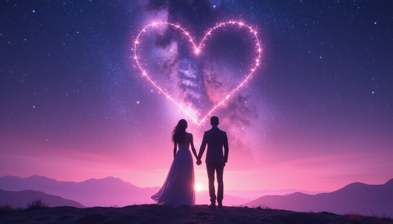 Two silhouettes entwined under constellation heart, Venus rising, soft pink-purple cosmic mist