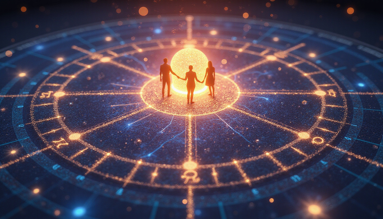 Mystical cosmic map with zodiac glyphs, glowing nodes influencing silhouette trio: lover, professional, healer