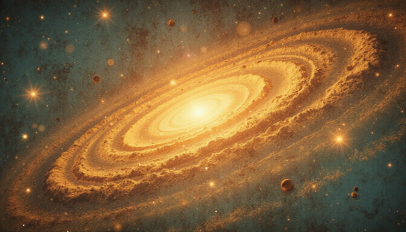 Vintage survival manual morphing into cosmic map, golden light, transformative celestial energy