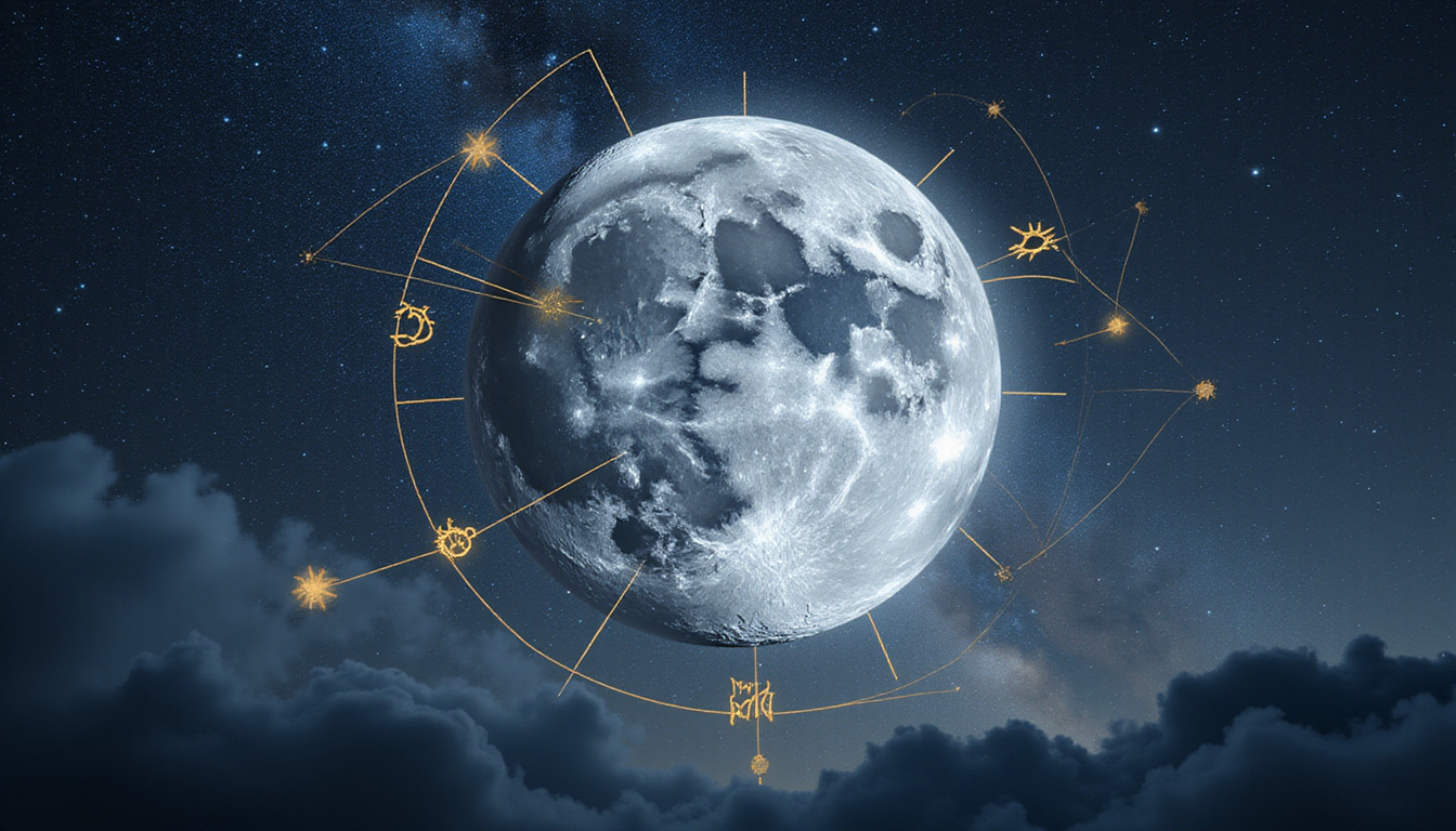 Silver moonlit chart with seven highlighted zodiac signs, golden threads connecting souls