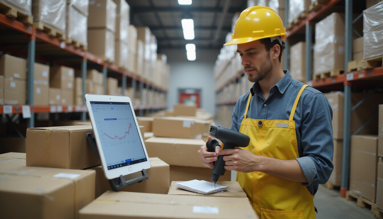  Backroom inventory cleanout, barcode scanner, stacked boxes, tablet showing rising revenue graph, urgent motion blur