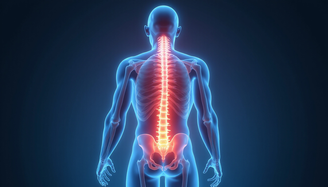  Translucent anatomical overlay of spine, gentle mobilization, pain dissipating glow, patient standing confidently