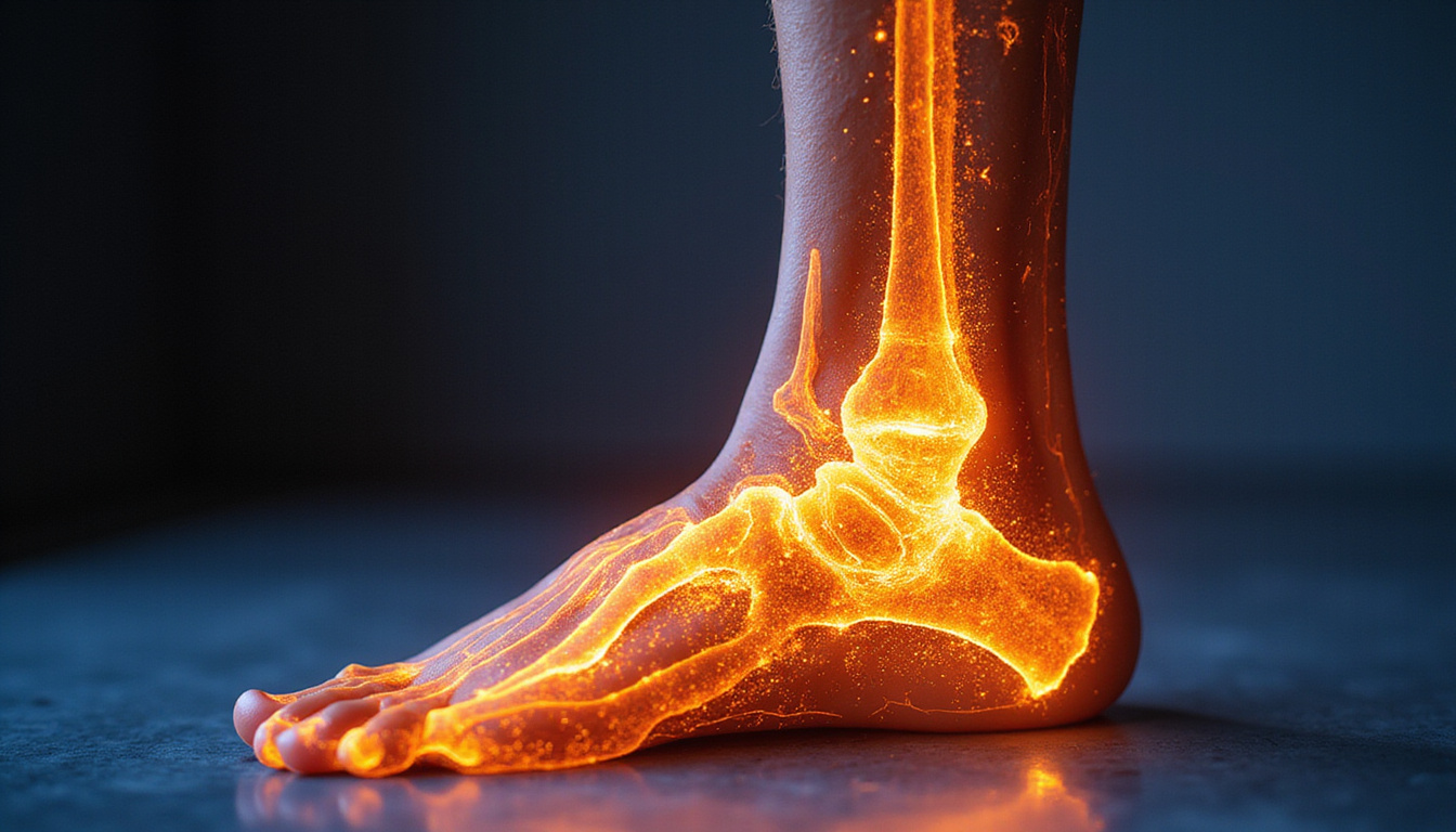  Close-up cross-section of leg tissue, golden ultrasound pulses accelerating cellular repair, dynamic visualization