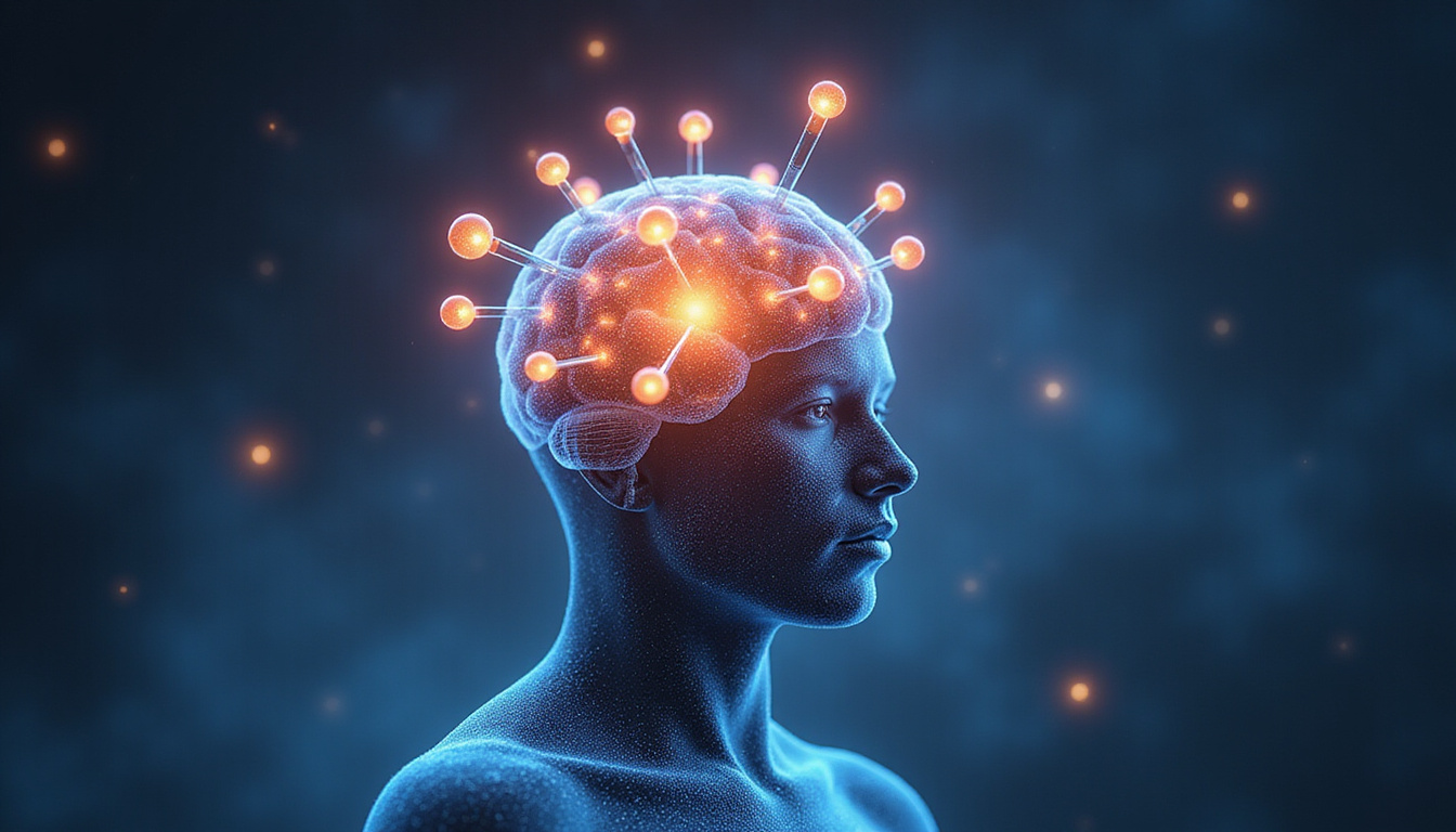  Surreal brain with luminous neurotransmitters, cheerful mood icons, supplement capsule releasing warm light