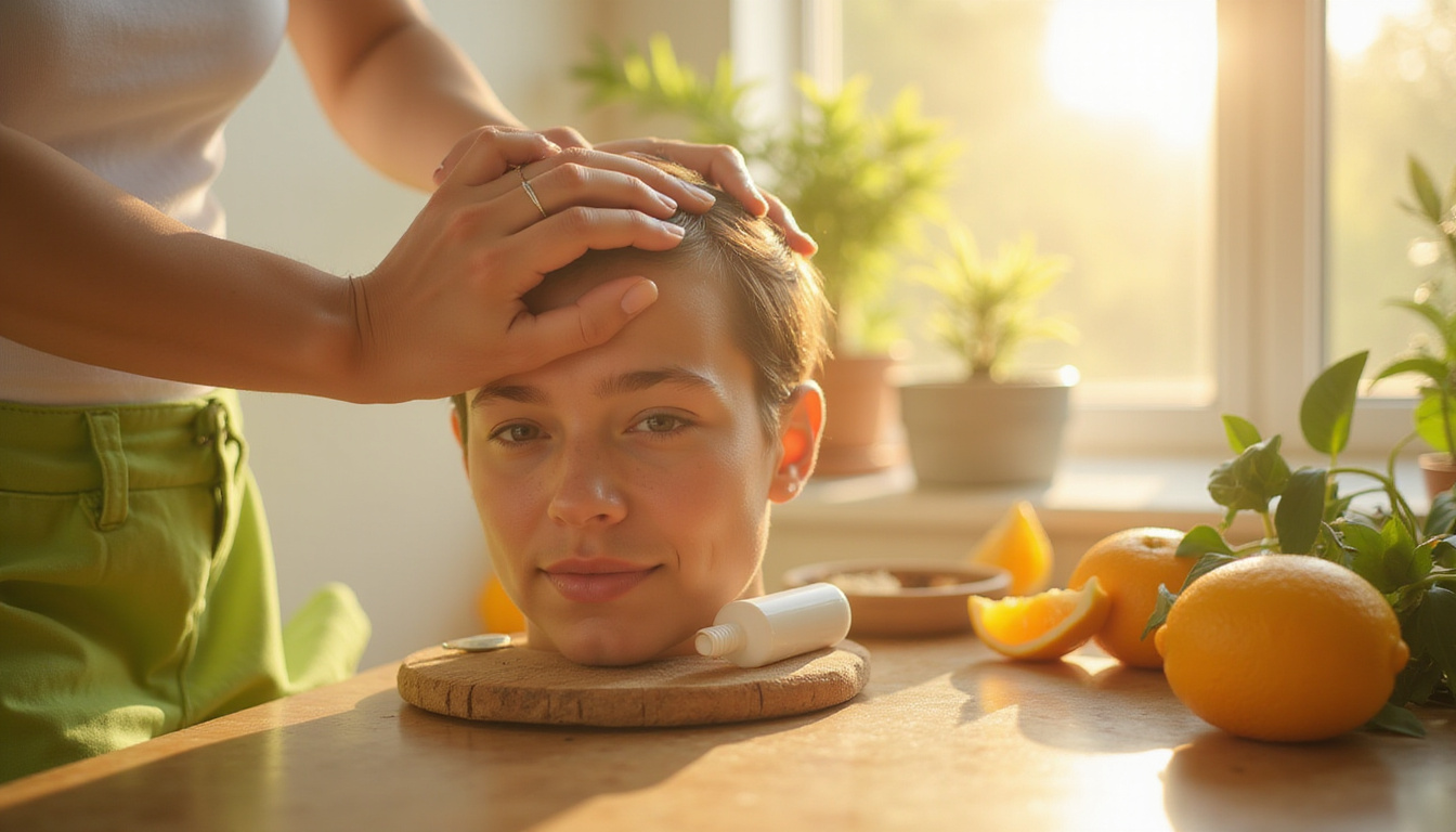  Gentle restorative routine scene, hands applying scalp serum, plants and sunlight, hopeful mood