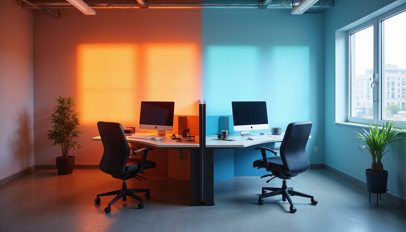  Time-lapse split scene: cramped cubicle transforming into bright ergonomic workstation increasing productivity