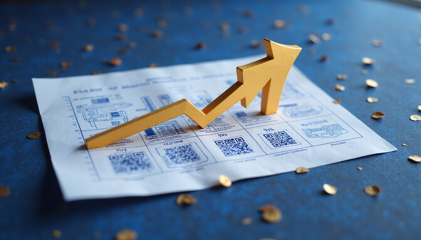 Hidden marketing blueprint, QR codes and golden arrows pointing to skyrocketing offline sales graph