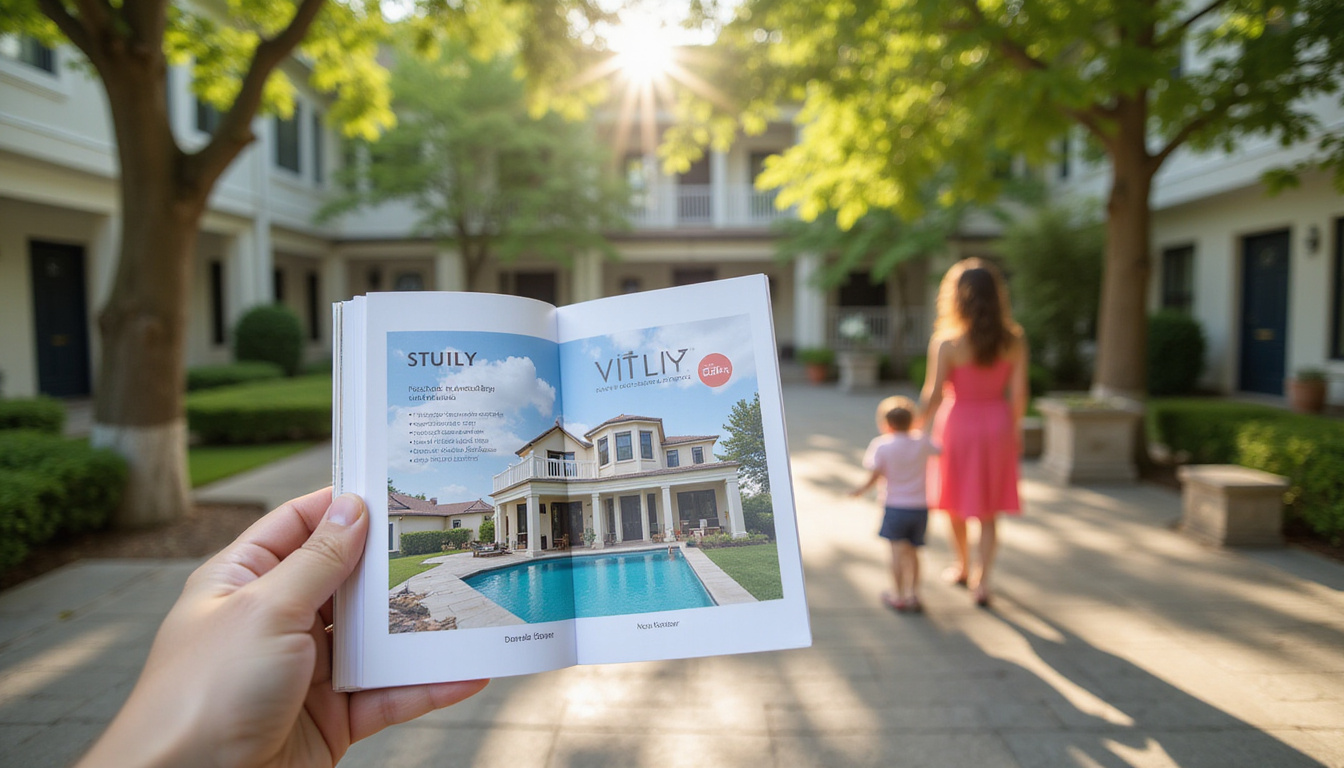 Real estate agent showing villa brochure, neighborhood map, price tags, family touring shaded courtyard
