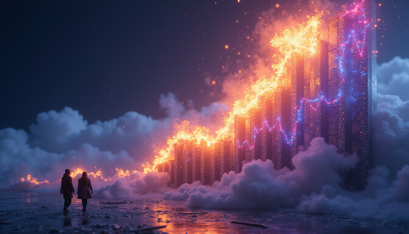 Explosive revenue graph soaring above diverse team brainstorming, neon analytics, A/B testing holograms
