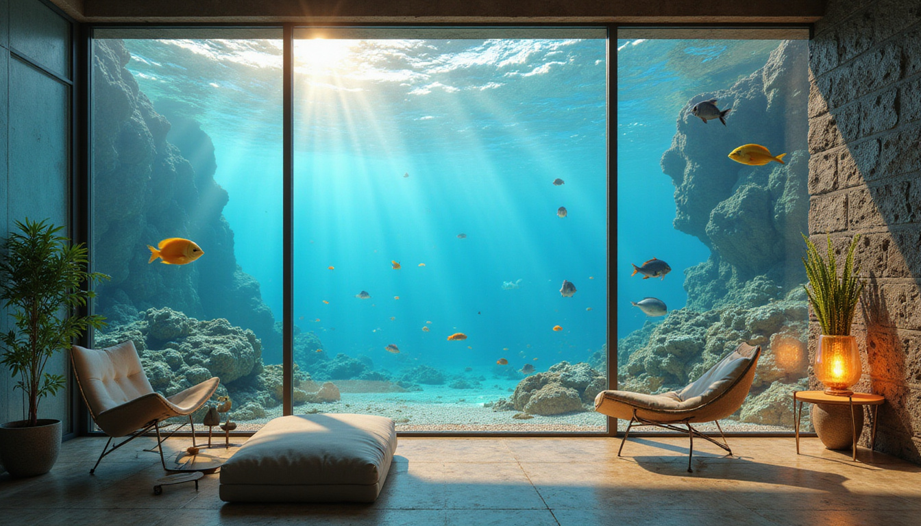 Underwater glass suite overlooking coral reef, colorful fish, Egyptian coastline, warm golden light