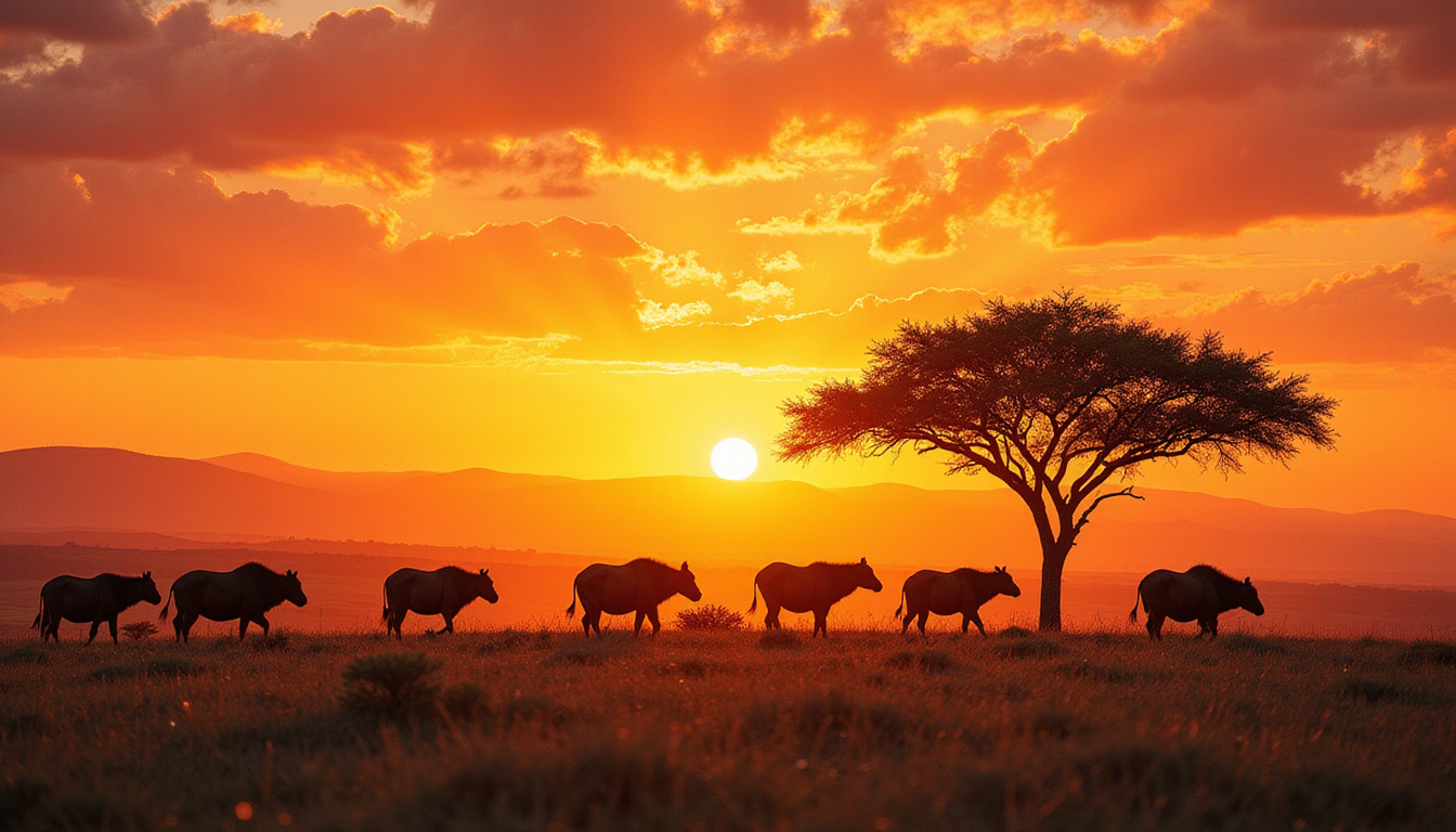 Herd crossing ancient savannah; holographic conservation data and maps swirling above, hope-filled sunset