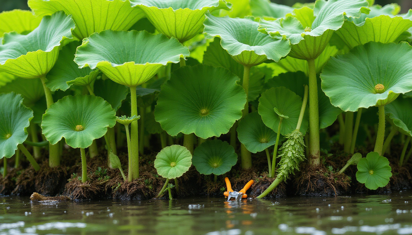 Close-up of lotus leaves, fertilizer stakes, pruning shears, clear water, vibrant healthy roots