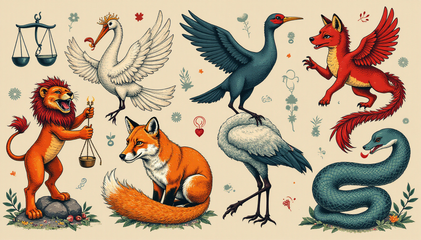 Mystical study of animal symbols: roaring lion justice crane longevity fox cunning serpent rebirth