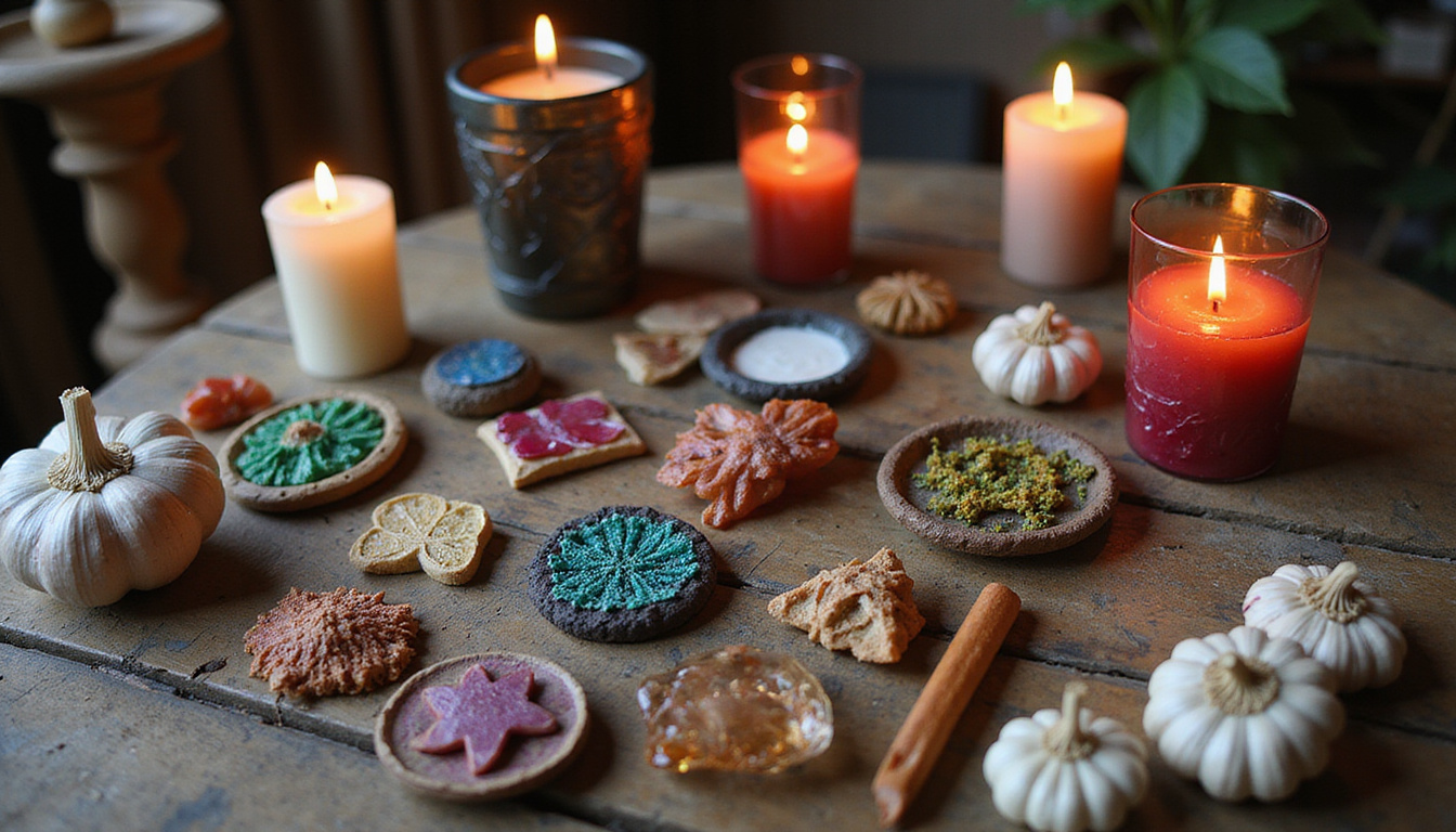 DIY protective altar with handmade talismans, garlic, mirrors, candles, rustic wooden table