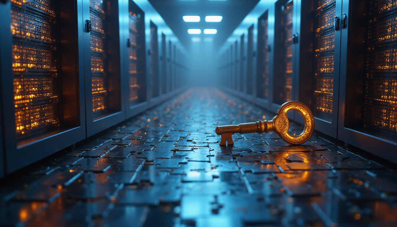  Ancient servers as puzzle pieces fitting into futuristic interface, golden key unlocking digital connections