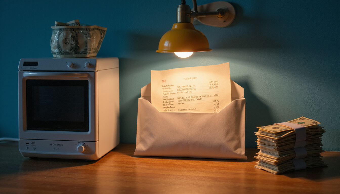 Hidden receipt envelope glowing under lamp next to labeled appliances and stacks of dollar bills