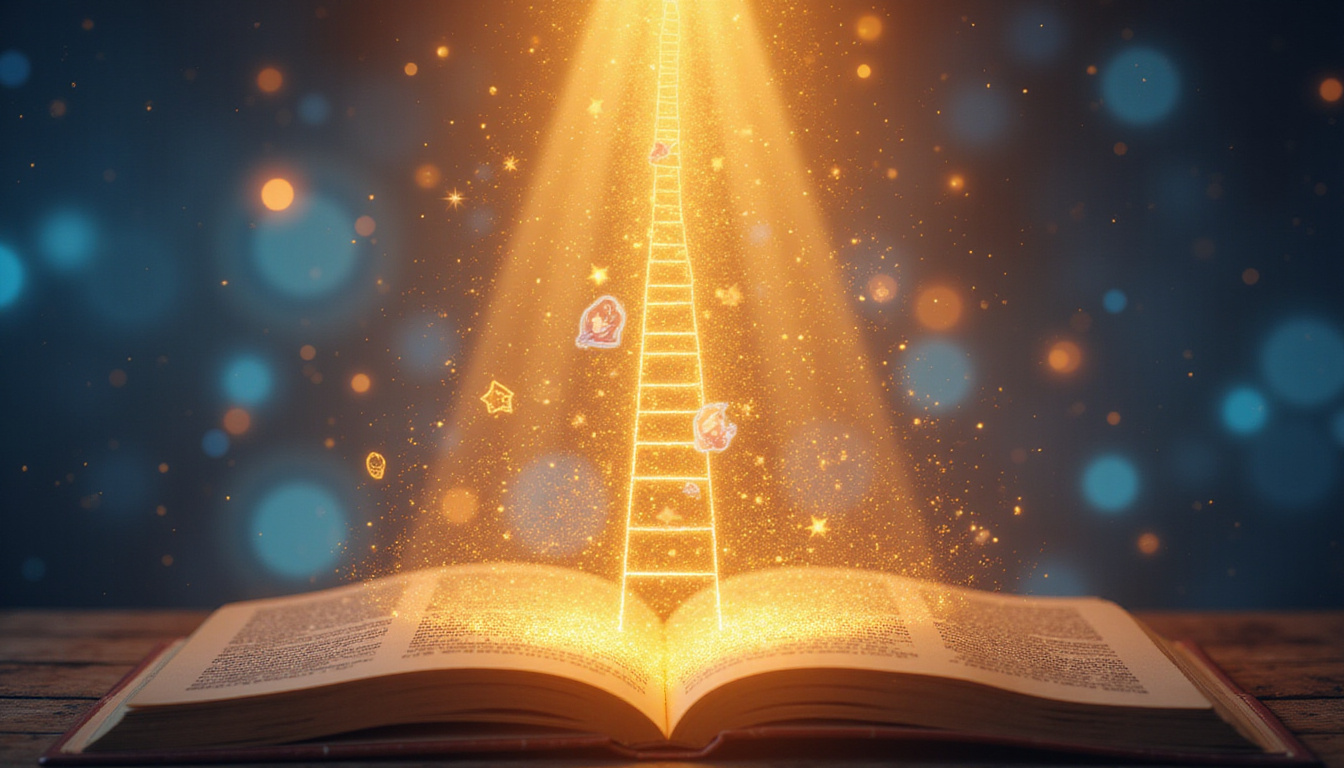 Astrological guidebook open, vibrant communication icons flowing into upward career ladder, golden light