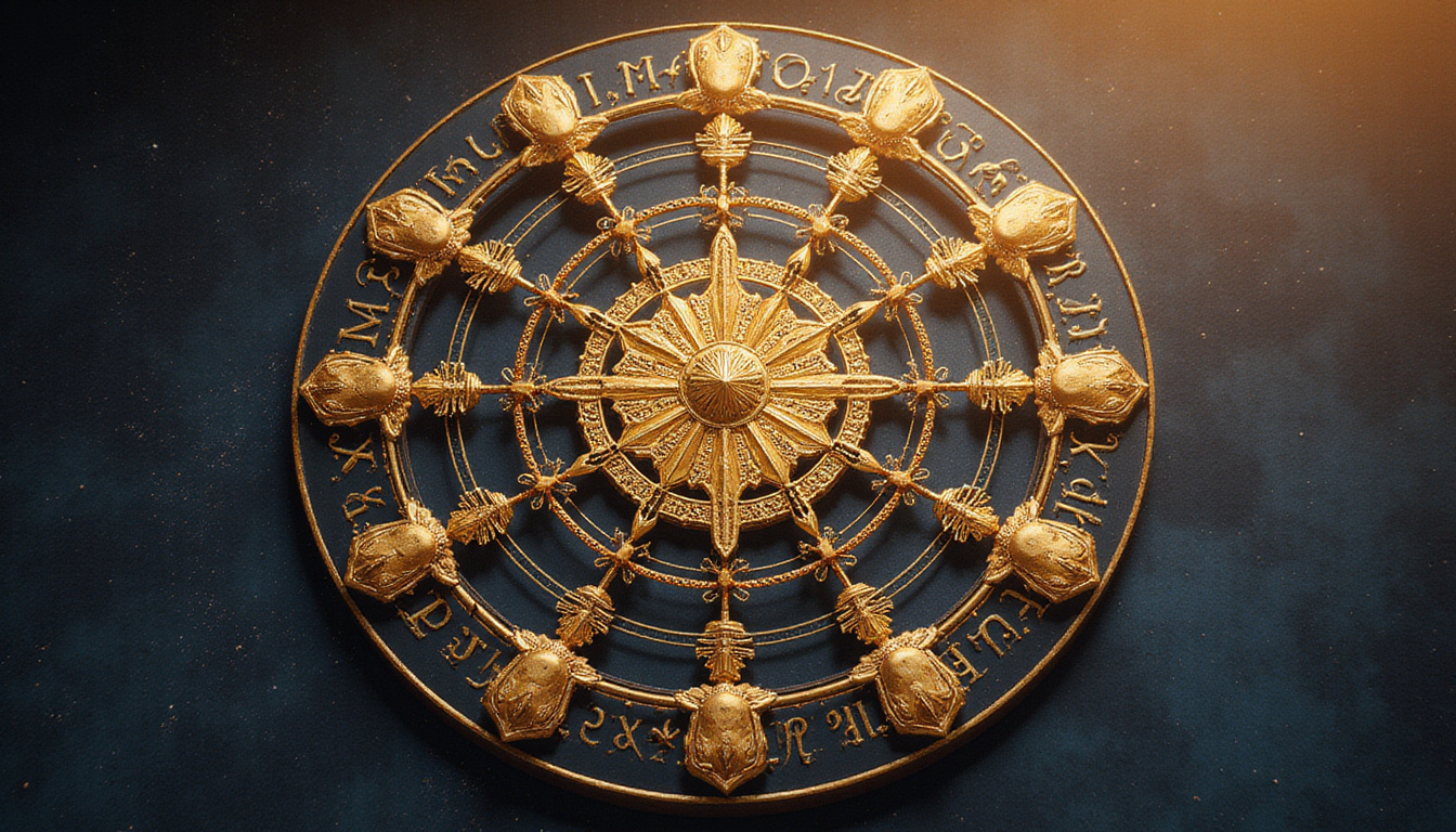  Golden horoscope chart overlaid with symbols for love, wealth, career, soul purpose, mystical aura
