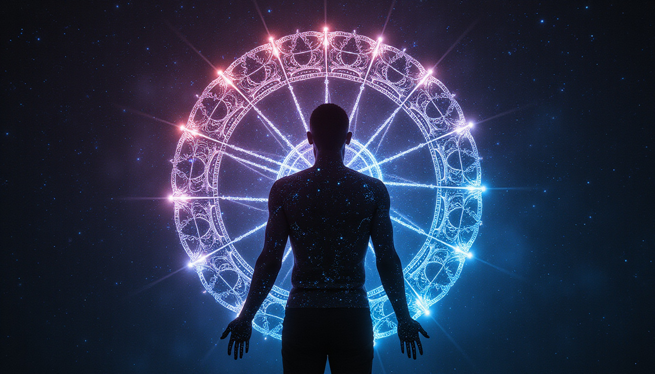 Silhouetted human figure divided into twelve glowing segments, constellations, ornate cosmic filigree