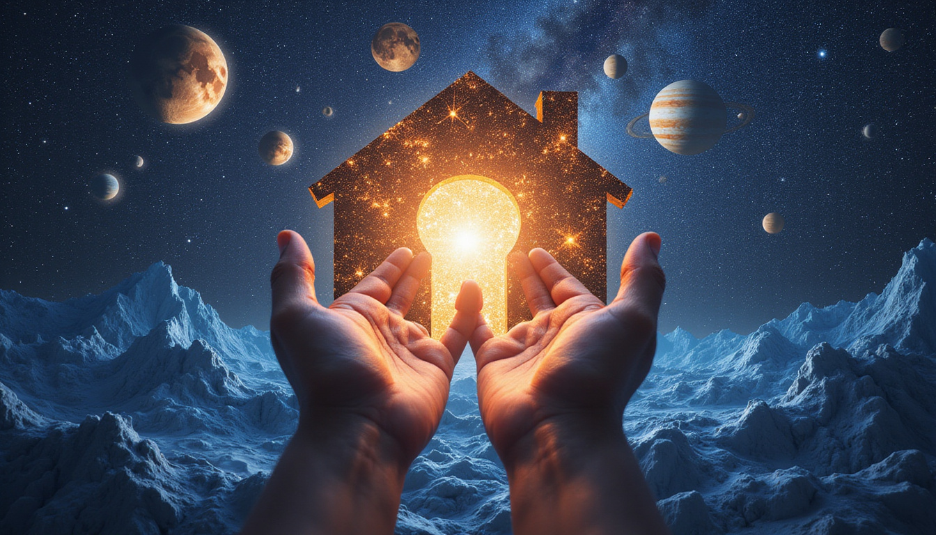 Ethereal hands unlock celestial house gate, revealing hidden life themes amid planets and constellations