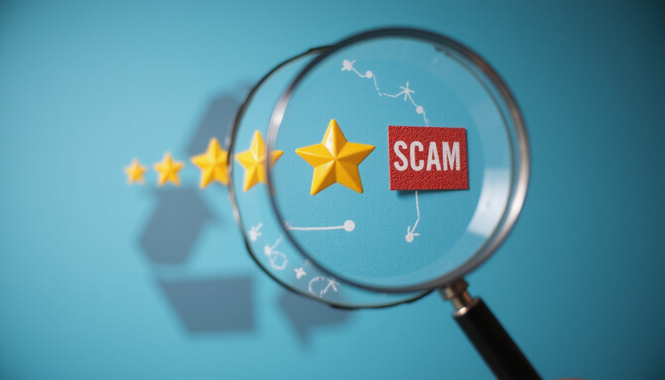  Magnifying glass over online review star ratings, scam red flag, recycle facility background