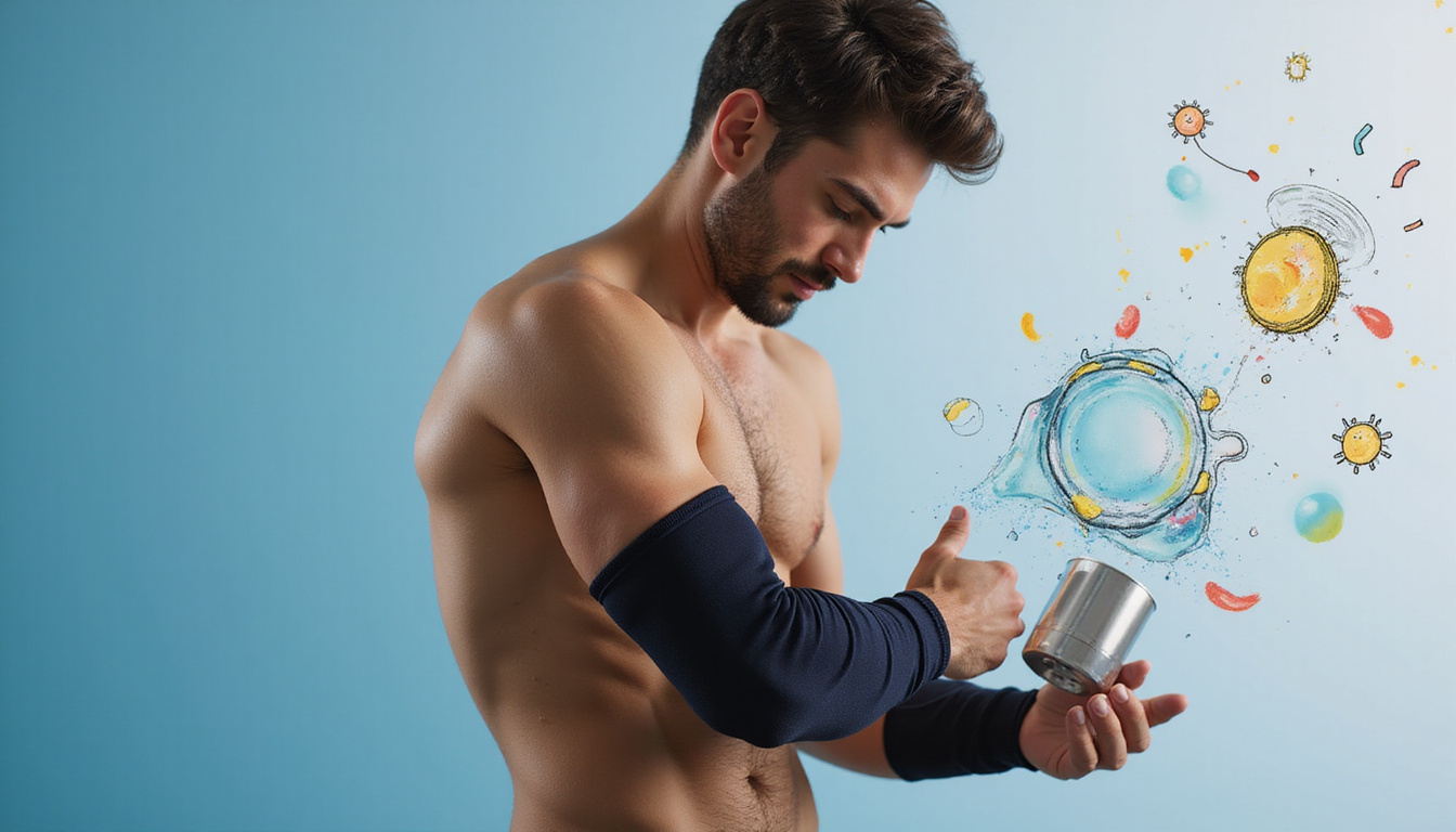  Athletic man applying compression sleeve, illustrated synovial fluid lubricating hinge, recovery icons floating