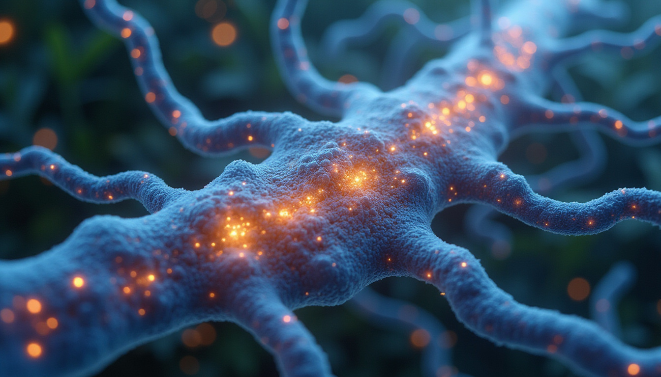  Cross-section nerve fibers regenerating, luminous repair pathways, botanical lab background, soft clinical lighting