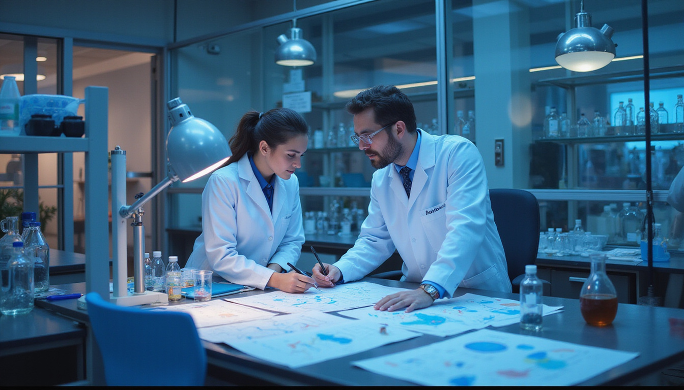  Secret laboratory scene, doctors whispering over charts, molecular chains breaking antibiotic resistance barriers
