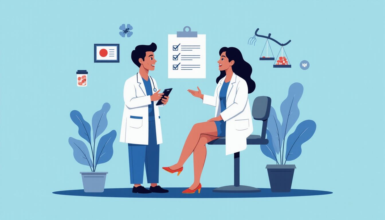  Doctor counseling patient, safety checklist icons, pill vial, balanced scales, calming blue tones
