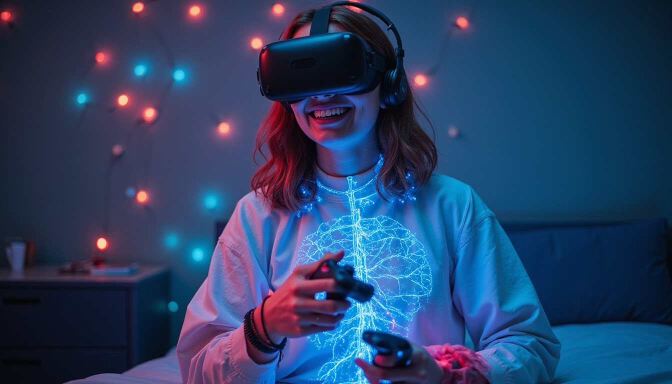  neon neural pathways glowing as patient regains movement, VR controllers and joyful expression