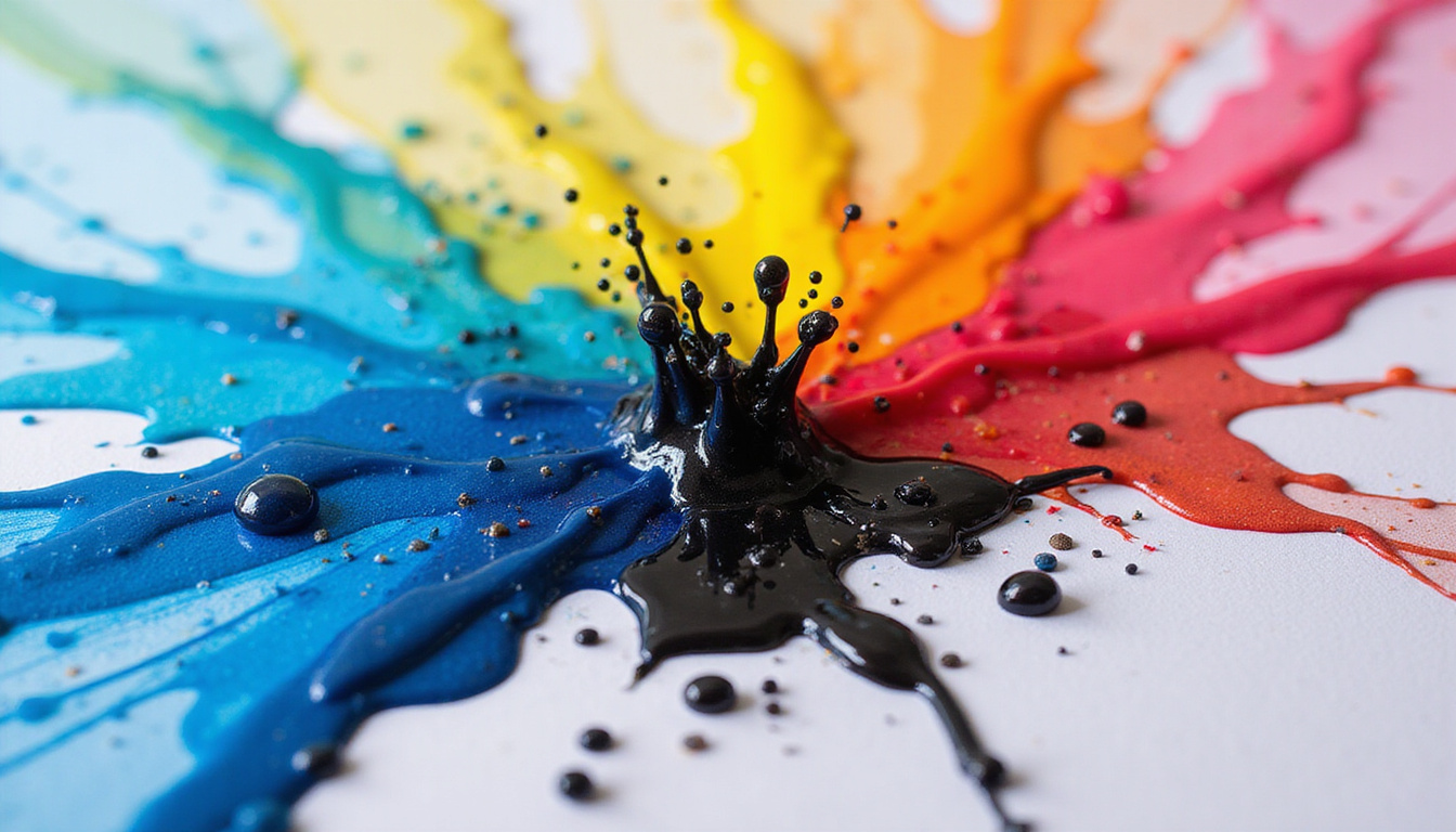  Macro close-up of cyan magenta yellow black ink droplets merging on glossy paper, sharp detail