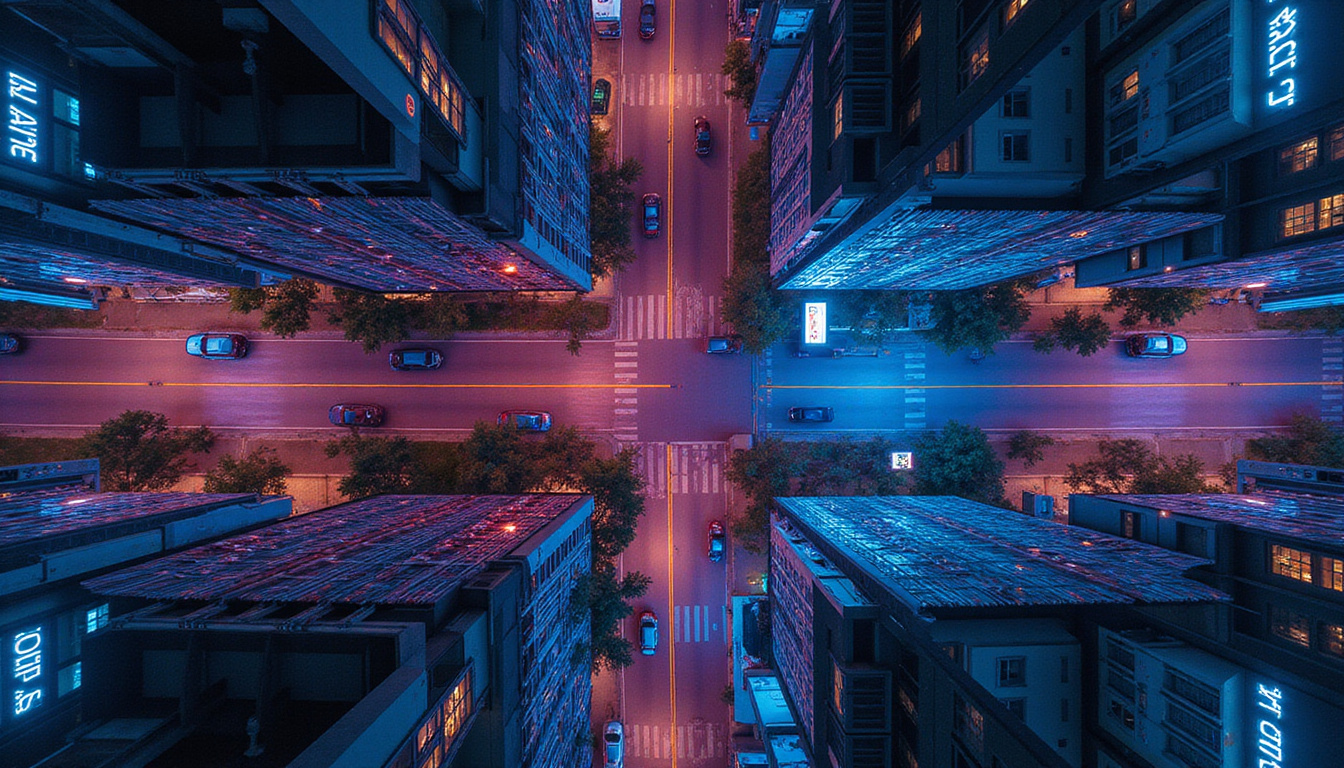 Top-down urban grid at twilight, neon reflections, sharp details, symmetrical leading lines, high contrast