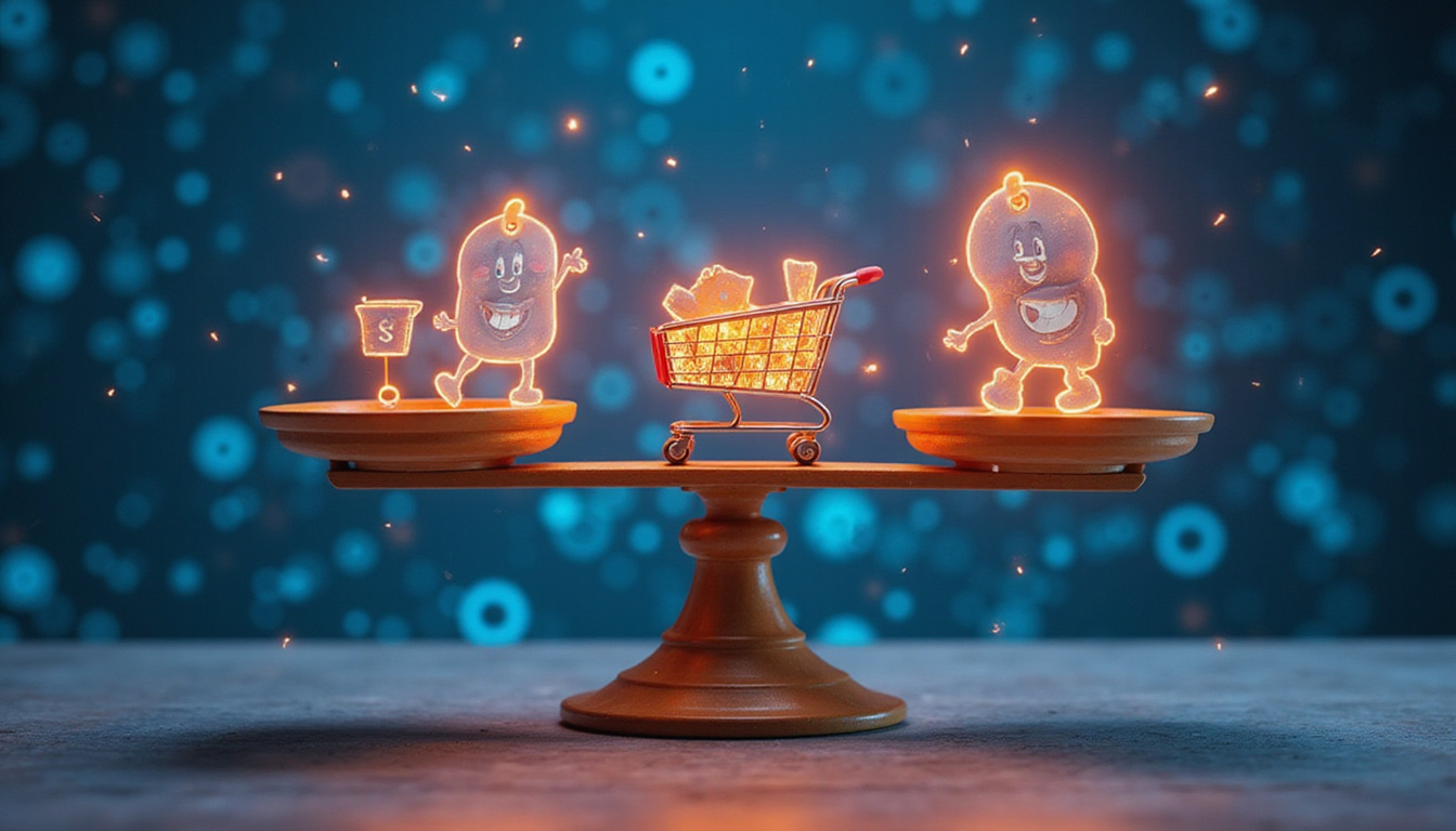  Balanced scale with glowing price tags and happy shoppers, gears and algorithmic code background