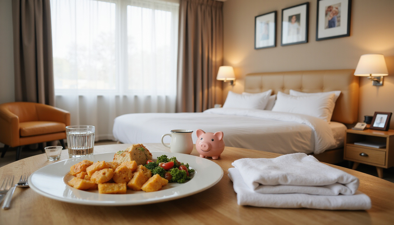 Apartment-style hotel room, homemade dinner on table, folded laundry, family photos, small piggy bank
