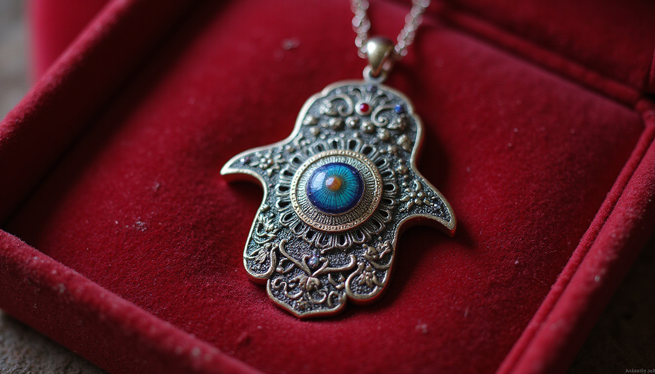  Bohemian jewelry-style Hamsa pendant on velvet, intricate filigree, radiating spiritual light and symbols
