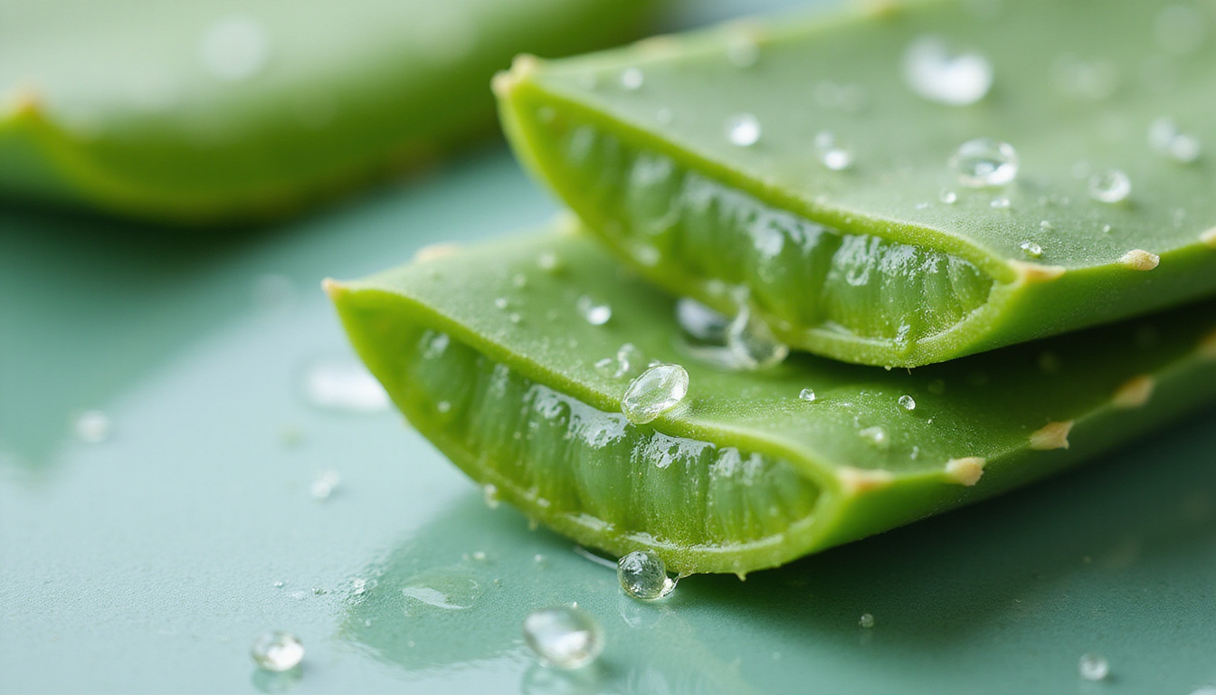  Close-up aloe vera leaf sliced open, translucent gel dripping, dewy skin reflection