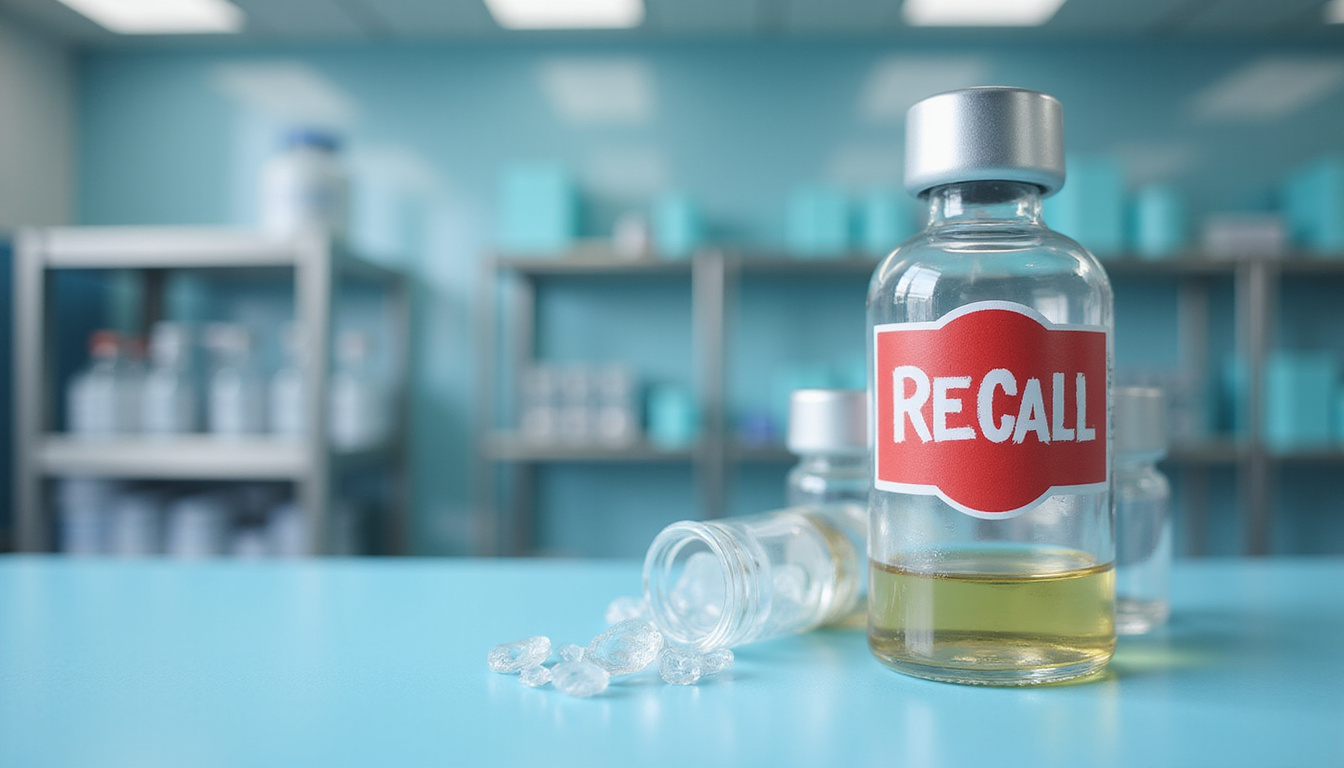  Stack of viscosupplement vials with bold red RECALL sticker, hospital shelves, sterile lighting