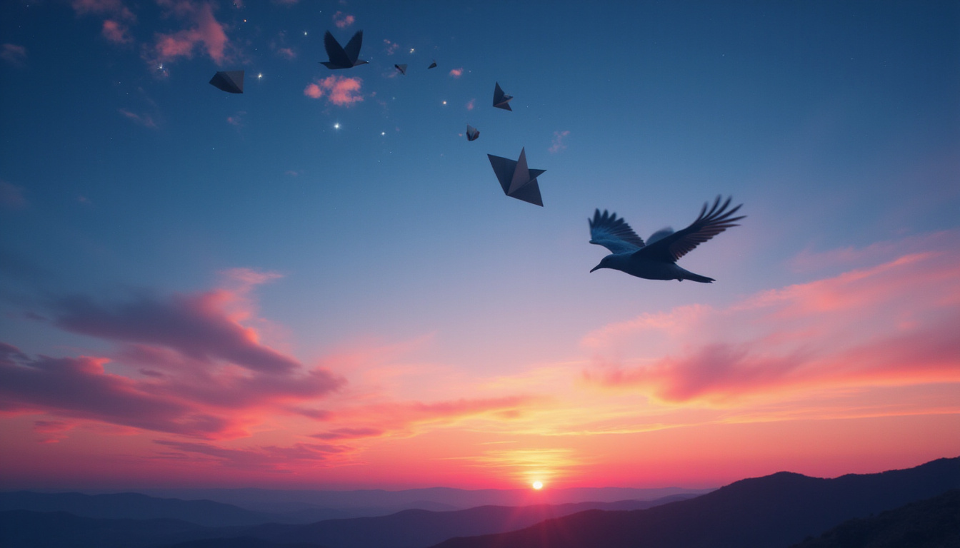  Surreal twilight scene: lone bird mid-flight releasing folded paper messages that turn into stars