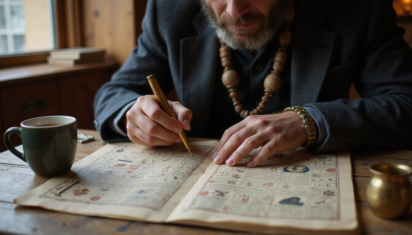  Modern scholar decoding sacred symbols at wooden table, brass tools, coffee cup, warm cinematic lighting