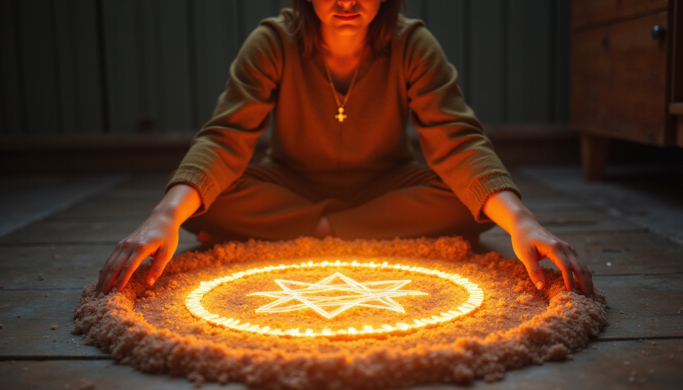  Novice witch performing simple protection ritual, salt circle, glowing sigil, warm amber tones