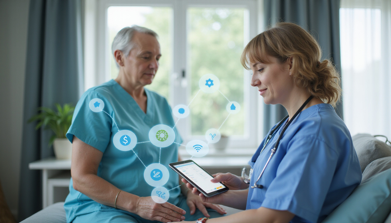  Home nurse with telehealth tablet guiding elderly patient through discharge checklist, savings icons overlay
