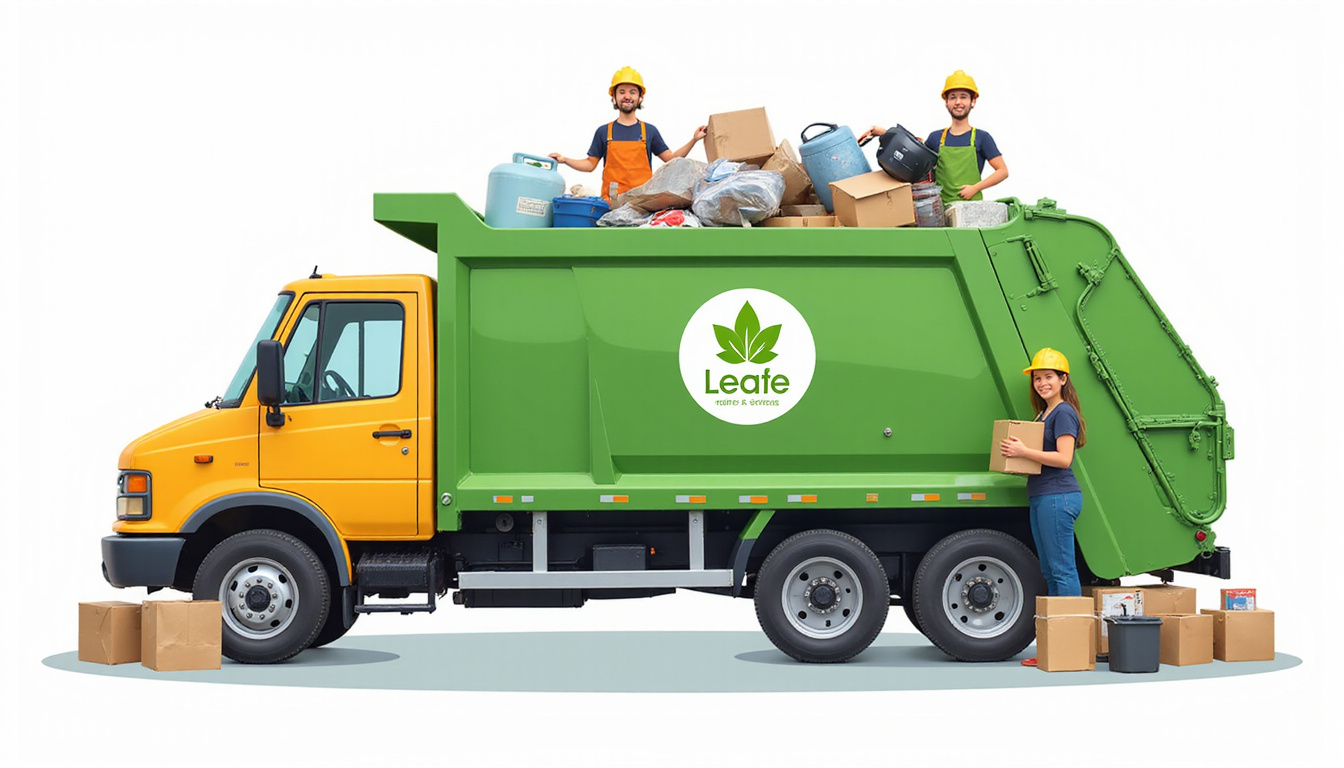  Eco-friendly waste truck with leaf logo, smiling workers sorting items, before-and-after clutter transformation