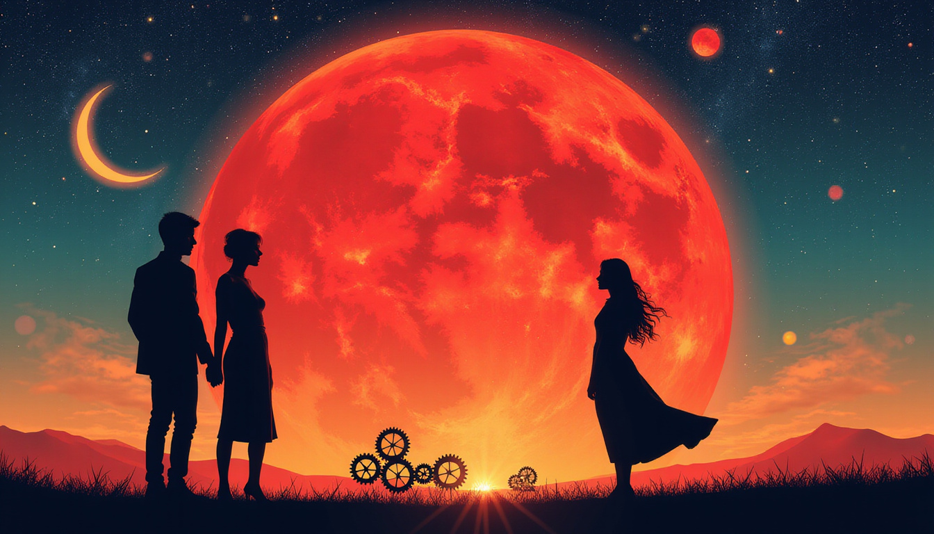  Silhouetted lovers drawn to magnetic red planet, gears, alchemical symbols, passion