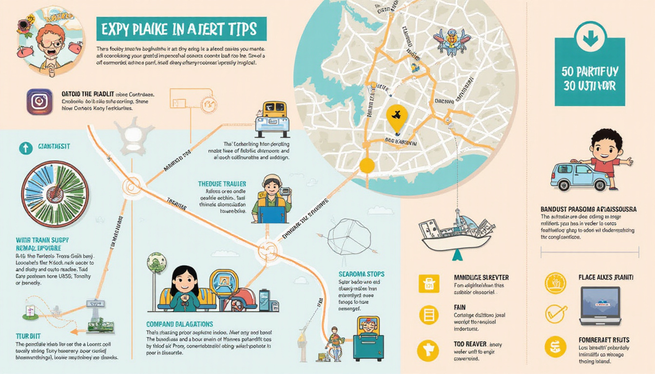 Infographic-style collage: transit tips, maps, checklist, smiling travelers, pastel colors, minimal icons