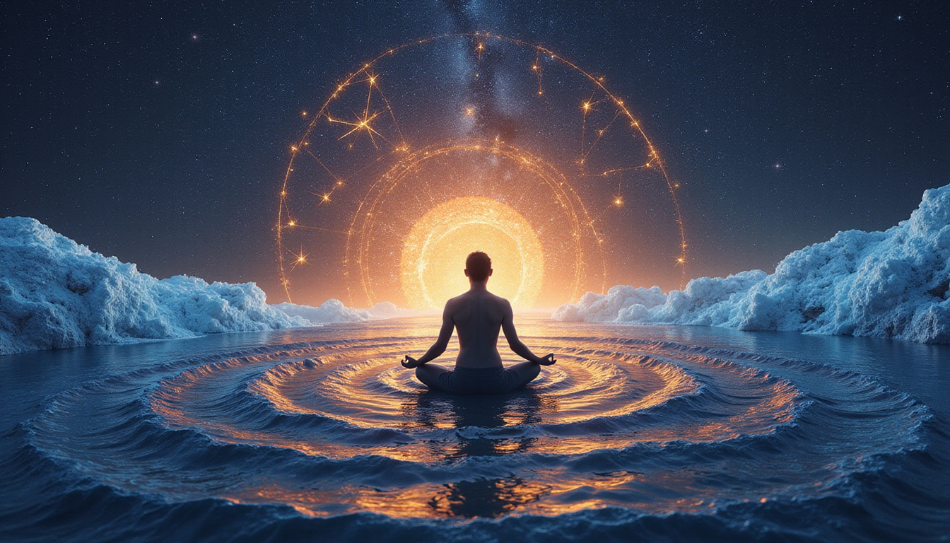 Cosmic pulse: zodiac constellations forming wave patterns around a meditating figure, luminous cycles