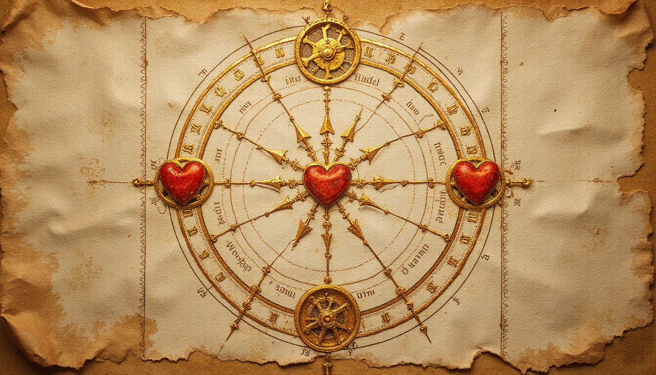  Ancient parchment synastry map with golden lines connecting hearts, cosmic gears revealing compatibility